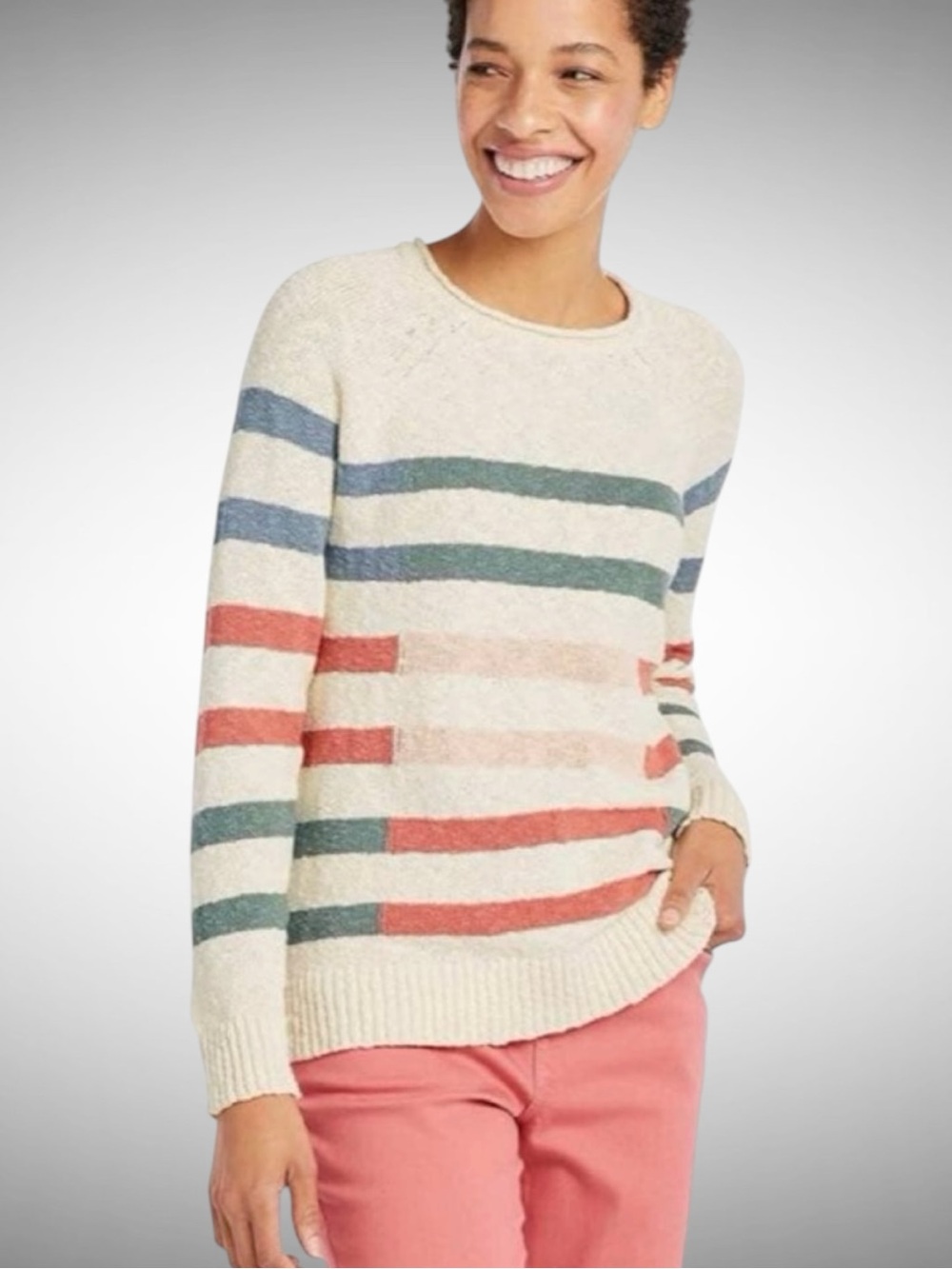 L.L. Bean Cream Crewneck Sweater with Blue, Green and Coral Stripes